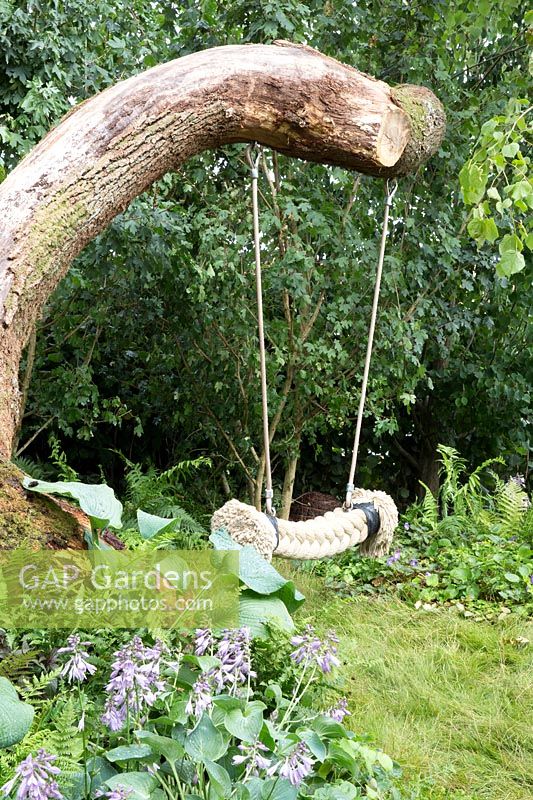 Rope swing hanging from fallen tree. Zoflora and Caudwell Children's Wild Garden - RHS Hampton Court Palace Flower Show 2017