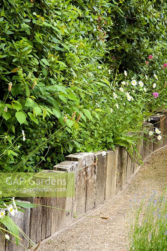 Railway sleepers form a path edging at the Barefoot Garden, Cornwall, UK