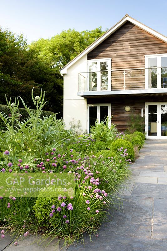Contemporary herb garden with stone paving in front of house - Barefoot Garden, Cornwall, UK