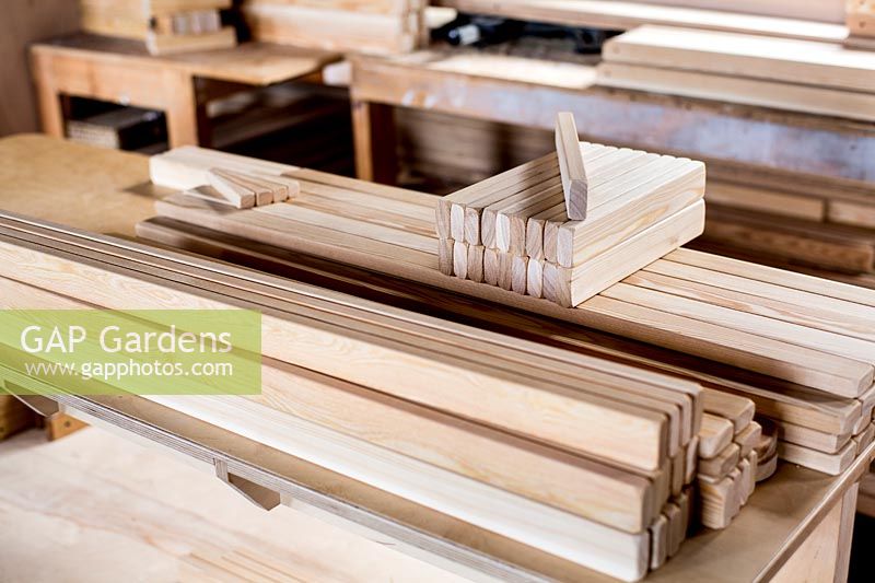 Garden furniture design workshop, prepared wood cut to size