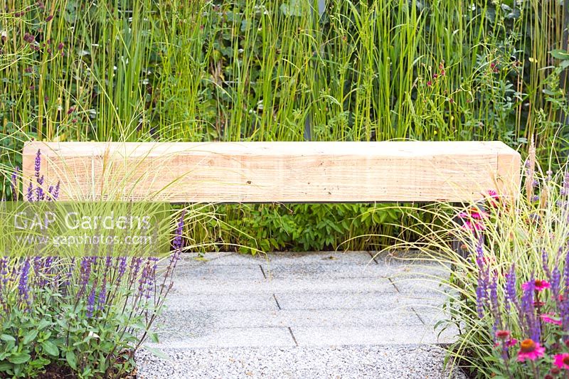 Wooden beam bench with Salvia and Stipa tenuissima, RHS Hampton court palace, 2018