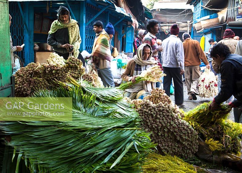 Flower market with pile of palm leaves for sale