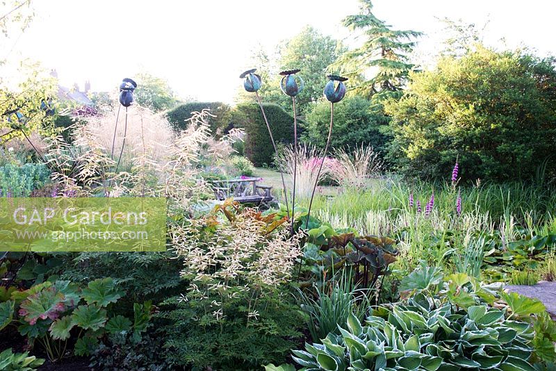 Colourful border includes Aruncus dioicus 'Horatio' Hosta 'Patriot'  Bluebell Cottage Gardens, Cheshire, UK 