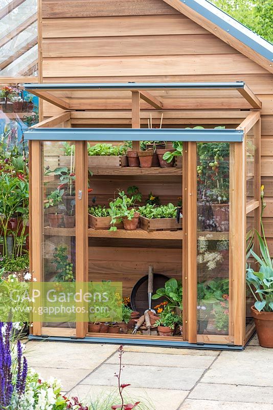 Wooden cold frame for hardening off young plants - RHS Chelsea Flower Show 2018