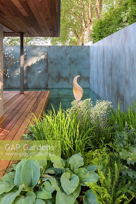 Tiled blue walls and Hosta 'Halycon' and Acanthus mollis with 'Curl' sculpture by Michael Thacker in water pool - The Morgan Stanley Garden for the NSPCC - Sponsor: Morgan Stanley - RHS Chelsea Flower Show 2018