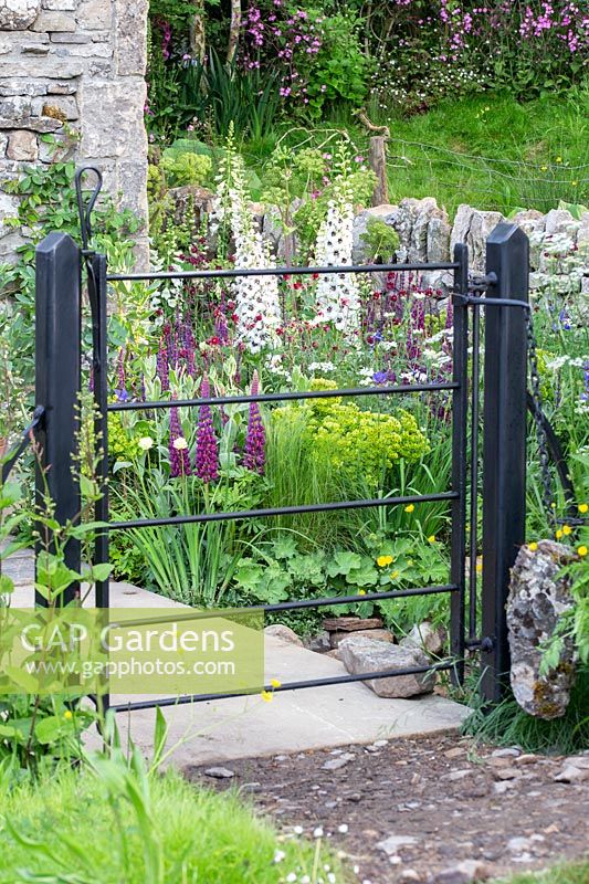 Welcome to Yorkshire Garden - Black iron gate with view to cottage style garden - Sponsor: Welcome to Yorkshire - RHS Chelsea Flower Show 2018