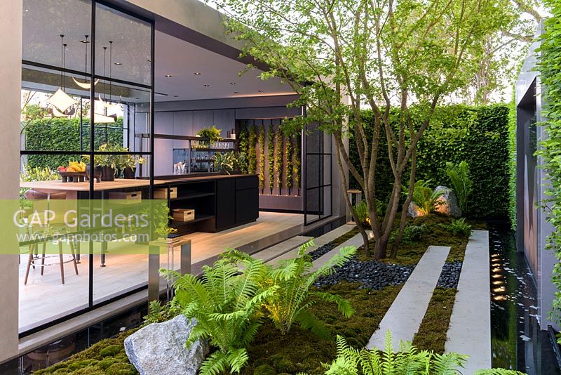 Modern pavillion with water rill and multi-stem tree - LG Eco-City Garden - Sponsor: LG Electronics - RHS Chelsea Flower Show 2018