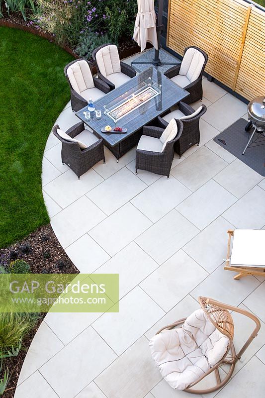 Seating area in suburban garden viewed from above