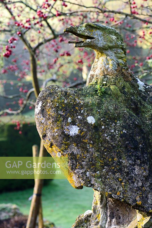 Stone eagle against backdrop of red fruits of crab apples in the Fountain Court at Mapperton, Dorset. 