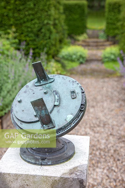 Elaborate sundial in Rose Garden  at Llanllyr, UK 