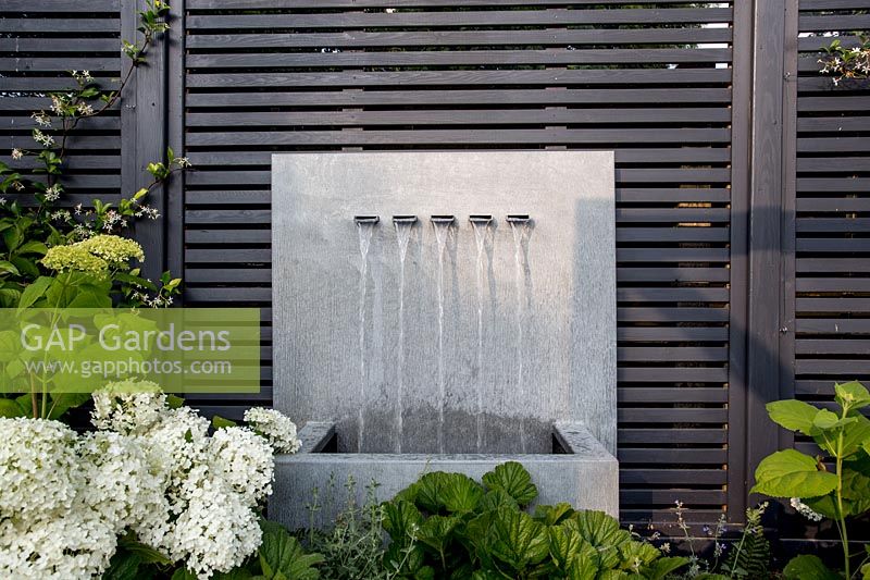 Zinc water fountain and grey fence with Hydrangea Annabelle