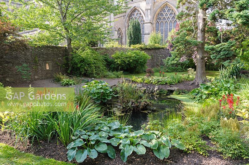 St Andrew's Well surrounded by moisture loving plants including ferns, astilbes,
 hostas and lobelias in the Wells Gardens at the Bishop's Palace Garden