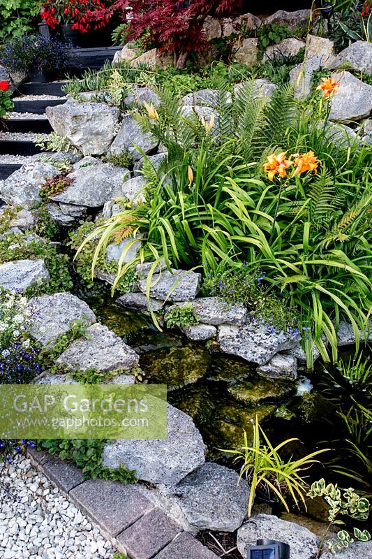 Rockery showing rock lined rill leading to pond. Pam Woodall's garden, 'Pinecombe' in Dorset, UK