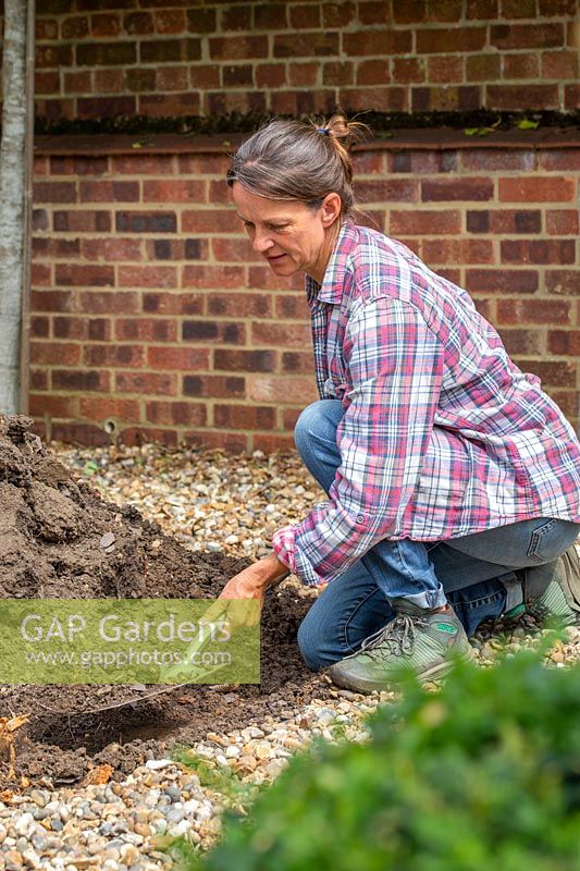 Removing soil from edge of raised bed to ensure a level base