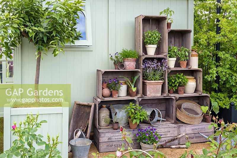 Arrangement of wooden boxes storage -'The Perfumer's Garden', RHS Malvern Spring Festival, 2018 - Sponsor: Keyscape Design. 