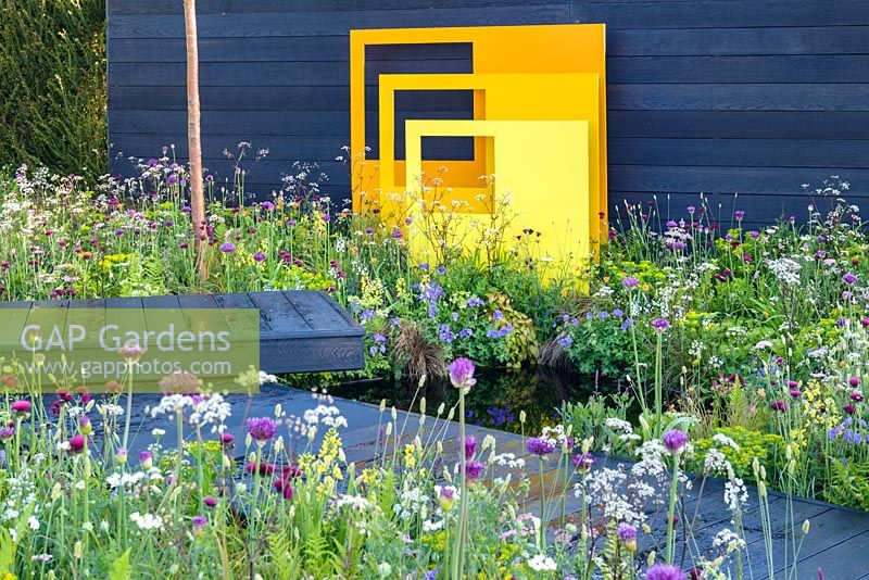 Yellow steel sculptural panels with black fence background in meadow-style planting - 'Urban Oasis', RHS Malvern Spring Festival 2018, sponsored by Graduate Gardeners Ltd. 