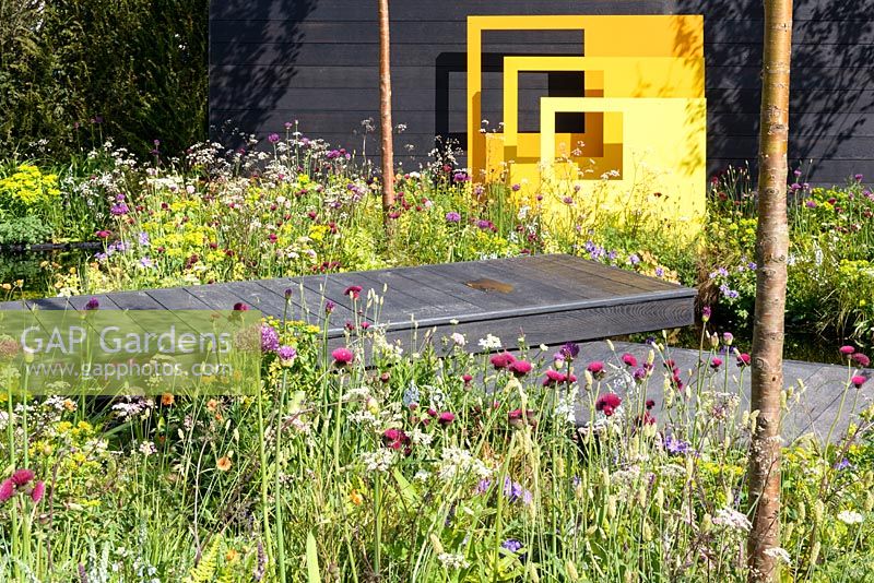 Yellow steel sculptural panels with black decking and meadow-style planting. 'Urban Oasis', RHS Malvern Spring Festival 2018.