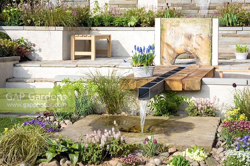 Modern water feature in show garden - The Yardley Flower Garden, Ascot Spring Garden Show, 2018