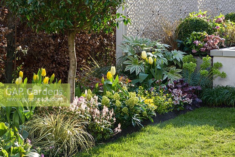 Spring interest border in show garden - 'The Yardley Flower' Garden, Ascot Spring Garden Show, 2018.