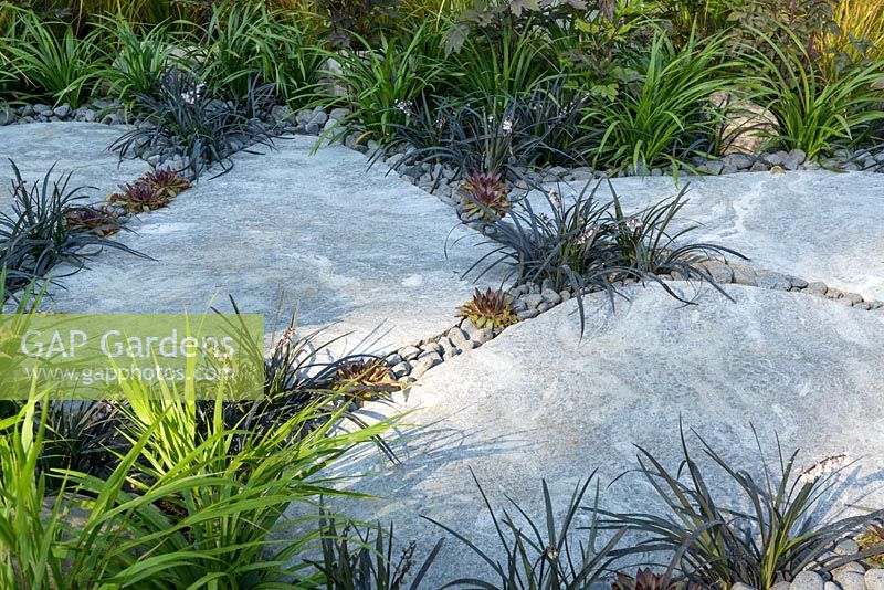 Stepping stones and marginal planting in show garden - Elements Mystique Garden, Sponsored by Elements Garden Design, RHS Hampton Court Flower Show, 2018. 