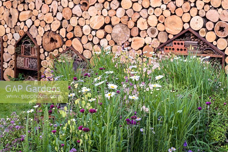 Log wall with insect hotel. 'Family Garden', RHS Hampton Flower Show, 2018