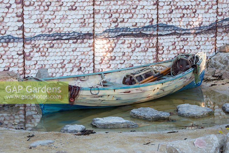 Fishing boat with a shell background - Rias de Galicia: A Garden at the End of the Earth, RHS Hampton Court Palace Flower Show 2018