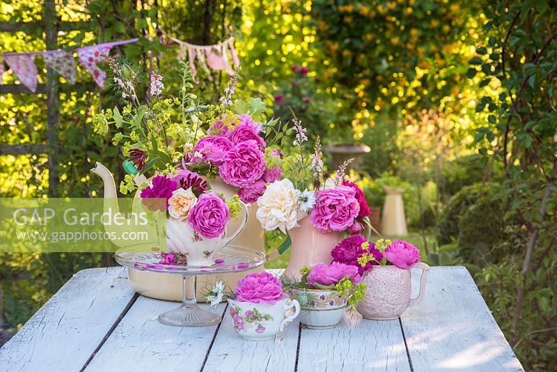 Cut roses arranged in enamel tea set, against a garden backdrop. 