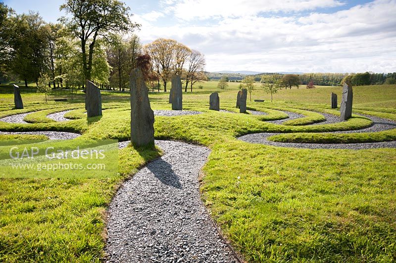 Labyrinth inspired by a Hindi temple design, with standing slate stones. Holker Hall, Grange over Sands, Cumbria, UK. 