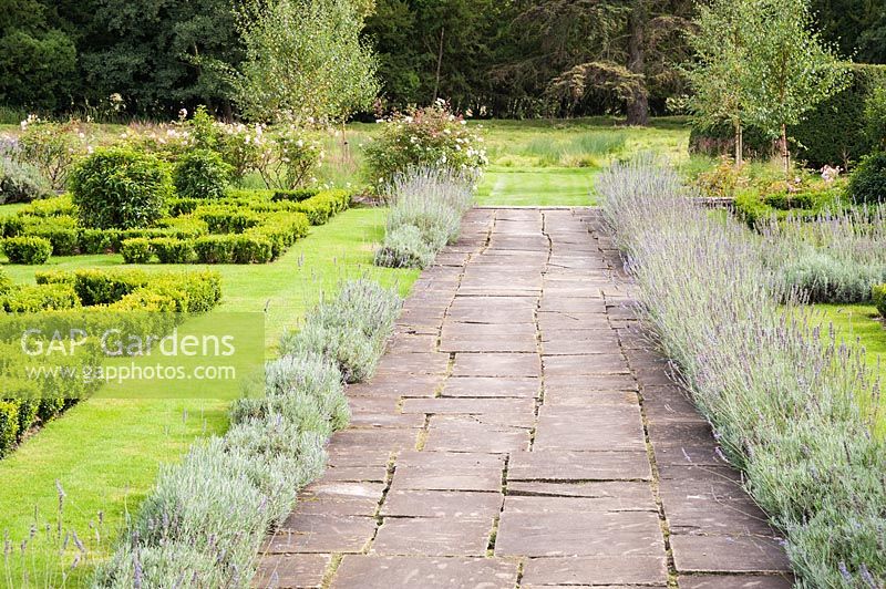 View down lavender lined path, leading past box parterres. Heale House, Middle Woodford, Salisbury, Wilts, UK.