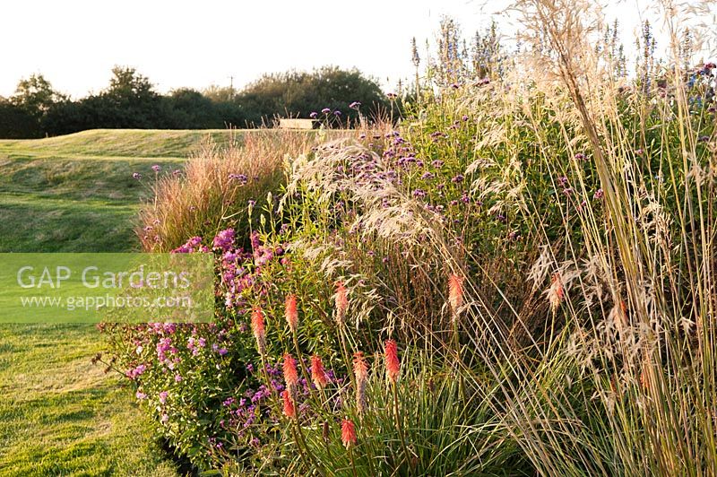 Grasses and Kniphofia with earthwork. The Oast House, Isfield, Sussex, UK