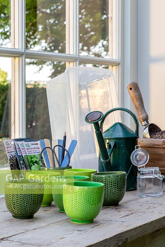 Tools for growing microgreen pots on windowsill