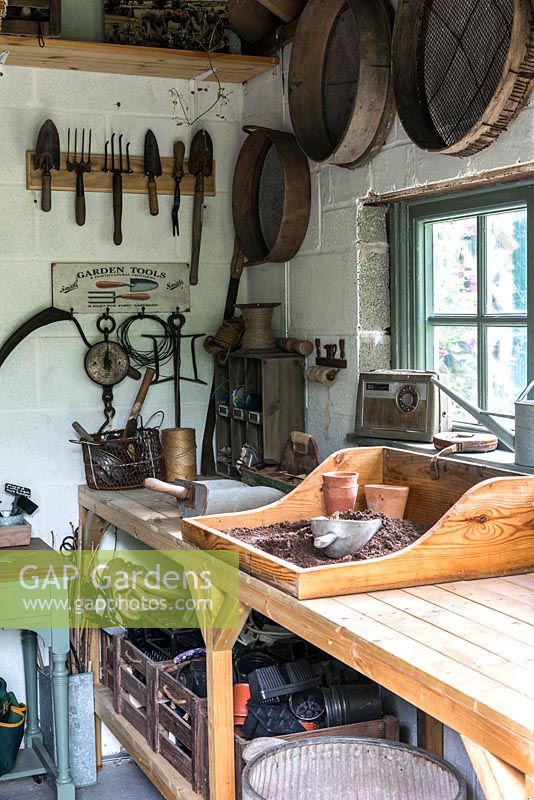 In a potting shed, a work bench with potting tray of compost. Beyond, an array of old tools and garden sieves hung on walls.