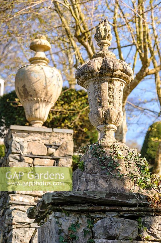 A 'flaming' urn, designed by Clough Williams Ellis Plas to commemorate the reconstruction of Plas Brondanw after the fire of 1951. Plas Brondanw, Penrhyndeudraeth, Gwynedd, Wales