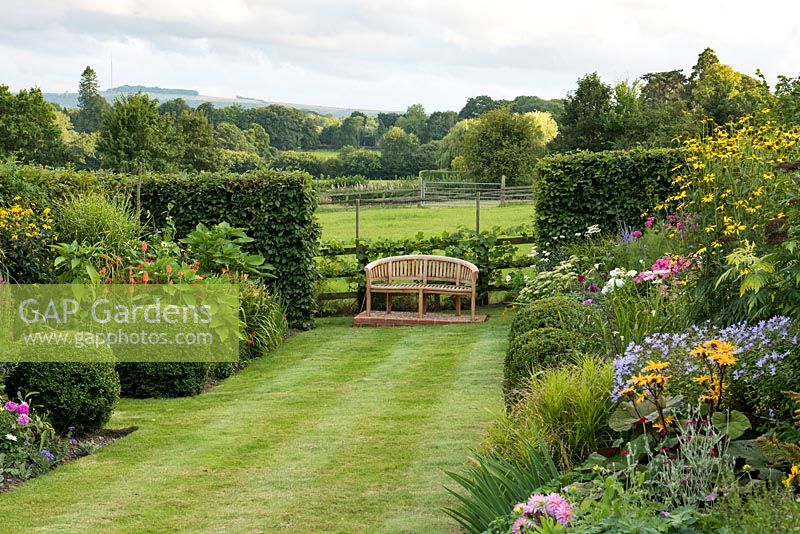 A wooden bench and window in a hornbeam hedge provide a focal point at the end of a formal striped lawn. Alongside,  colourful late summer borders are filled with perennials around box balls.