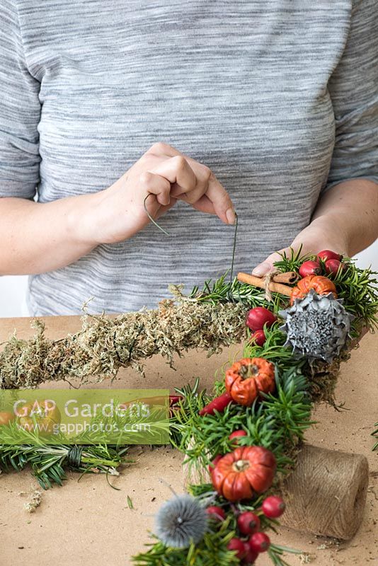 Person securing sprays of foliage and dried materials onto mossed frame with floristry wire. Step-by-Step for making a Christmas Tree shaped door wreath. 