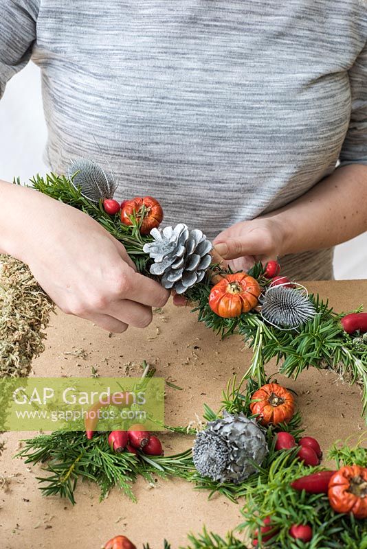Person using floristry wire to attach a fir cone to a decorated Christmas wreath. Step-by-Step for making a Christmas Tree shaped door wreath.