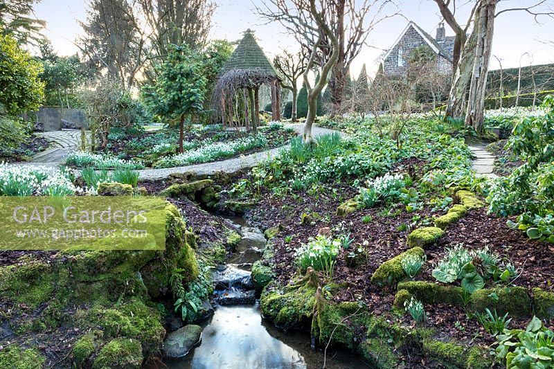 Winter interest flowerbeds. York Gate Garden, Leeds, UK.