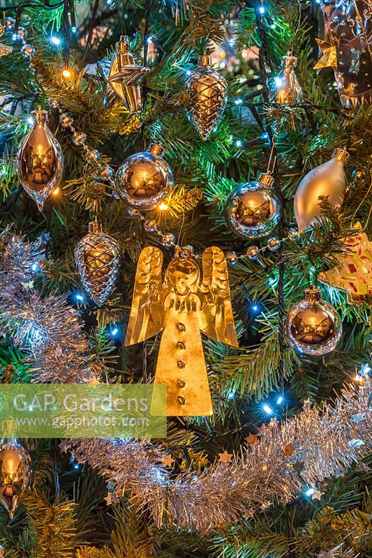 Christmas decoration hanging on tree.