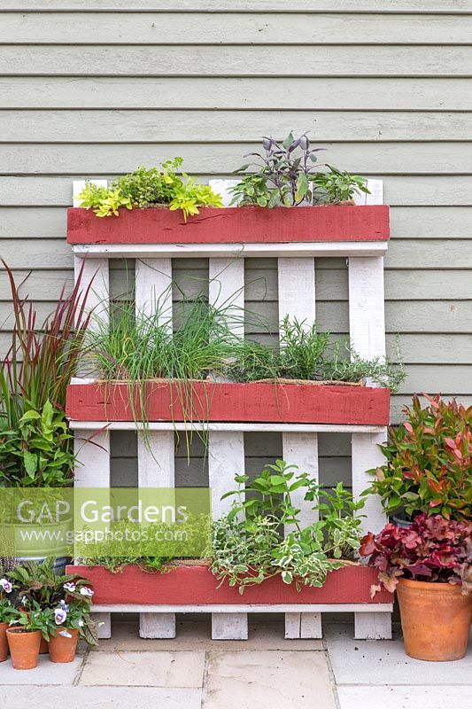 Upcycled pallet with herbs and plant pots.
