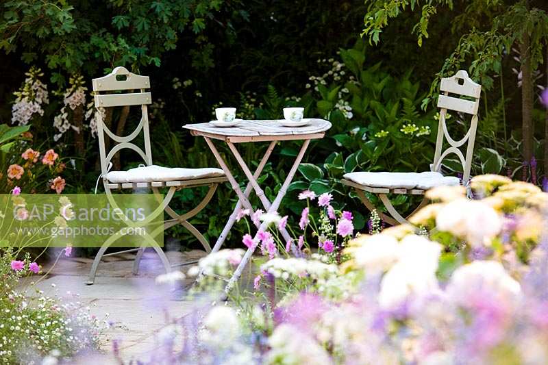 Hidden seating area in cottage garden surrounded by soft, pastel palette summer 
flowers including Roses, Salvia nemorosa 'Caradonna' -Balkan clary,
 Scabiosa incisa 'Kudo', Centranthus ruber 'Albus', red valerian - white form. 
Best of Both Worlds garden
RHS Hampton Court Palace Flower Show 2018