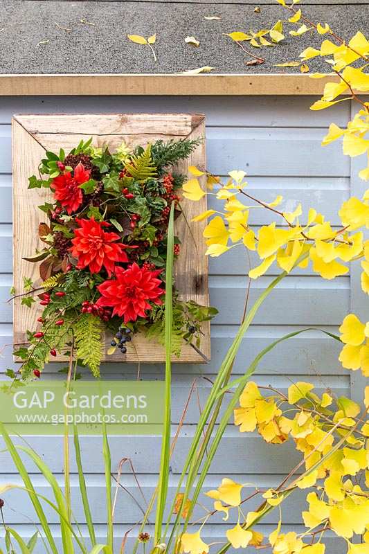 Vertical, autumn flower arrangement in wooden frame hanging on side of shed.
