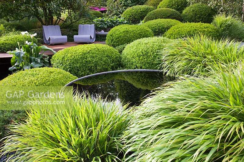 Pool and seats with clipped Buxus and Hakonechloa.  Irish Sky Garden, RHS Chelsea Flower Show
