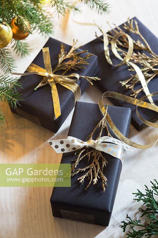 Christmas presents tied with gold ribbons and decorated with the gold painted foliage
