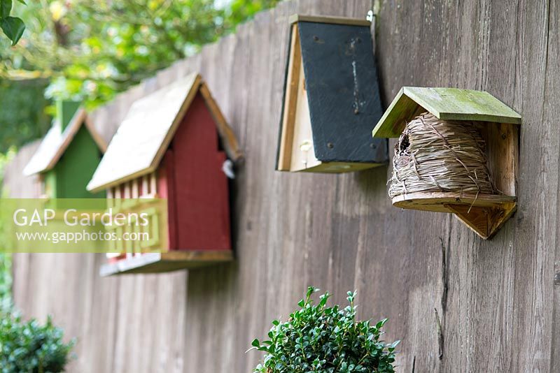 Collection of Birdhouses on a wooden fence. 