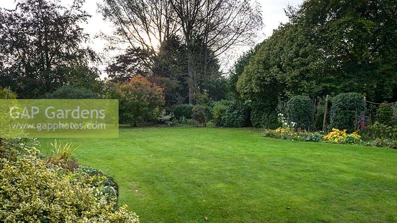 Lawn and borders at Thundridge Hill House Garden, Hertfordshire, UK