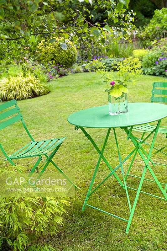 Green furniture on front lawn with cuttings of lady's mantle and golden hops, Dunoon, Scotland
