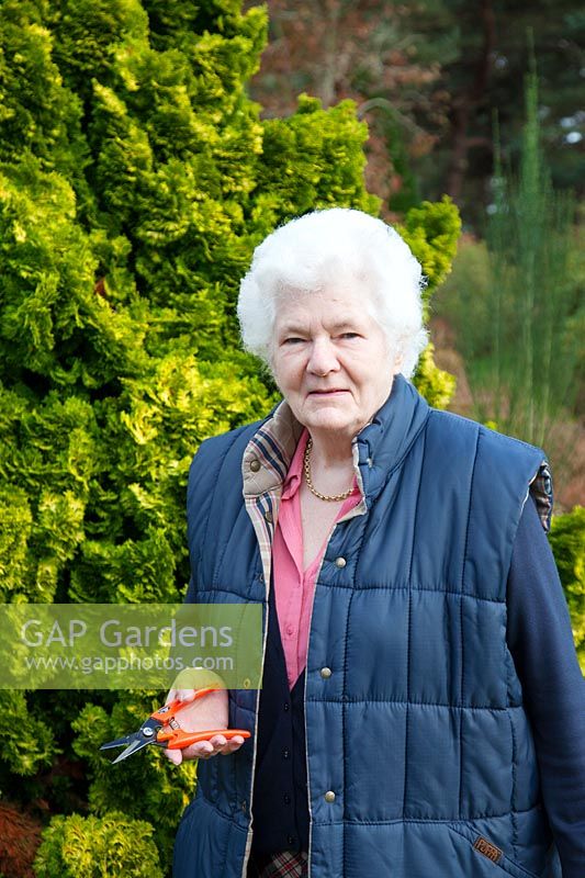 Garden owner Mrs Mary Bowerman. Champs Hill, Sussex, UK