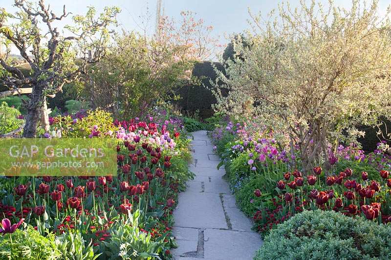 Stone path through colourful mixed borders. Great Dixter Gardens, Sussex, UK.