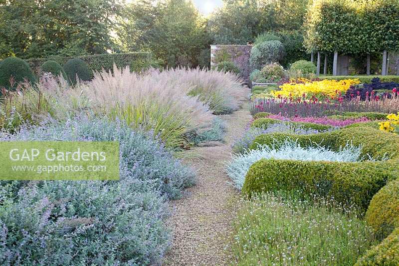 Pathway alongside contemporary parterre lined with Nepeta 'Six Hills Giant' and Stipa calamagrostis 
Garden: Broughton Grange, Oxfordshire 
Head gardener: Andrew Woodall