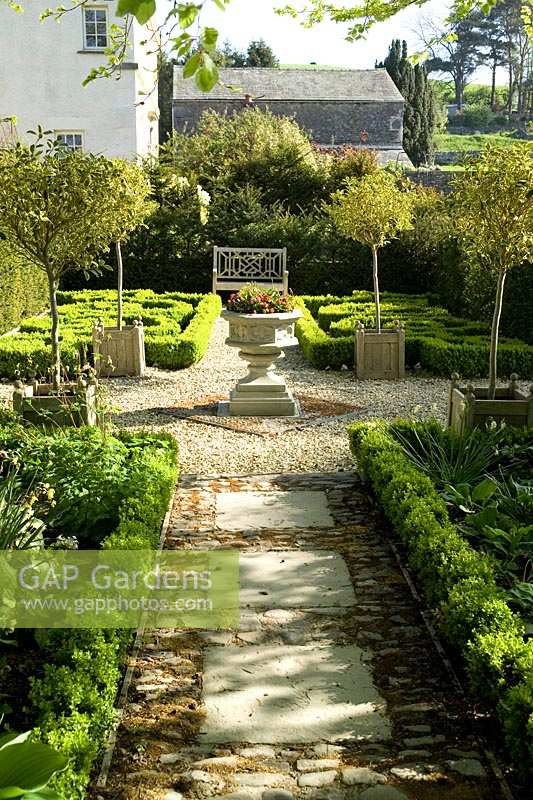 The formal Knot Garden at Summerdale Garden, Cumbria, UK.